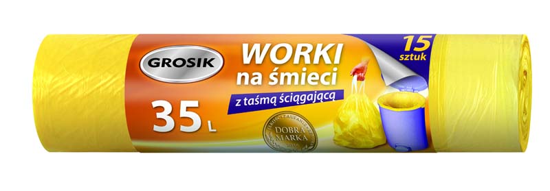 WORKI NA ŚMIECI 35L 15SZT Z TAŚMĄ GROSIK ŻÓŁTE